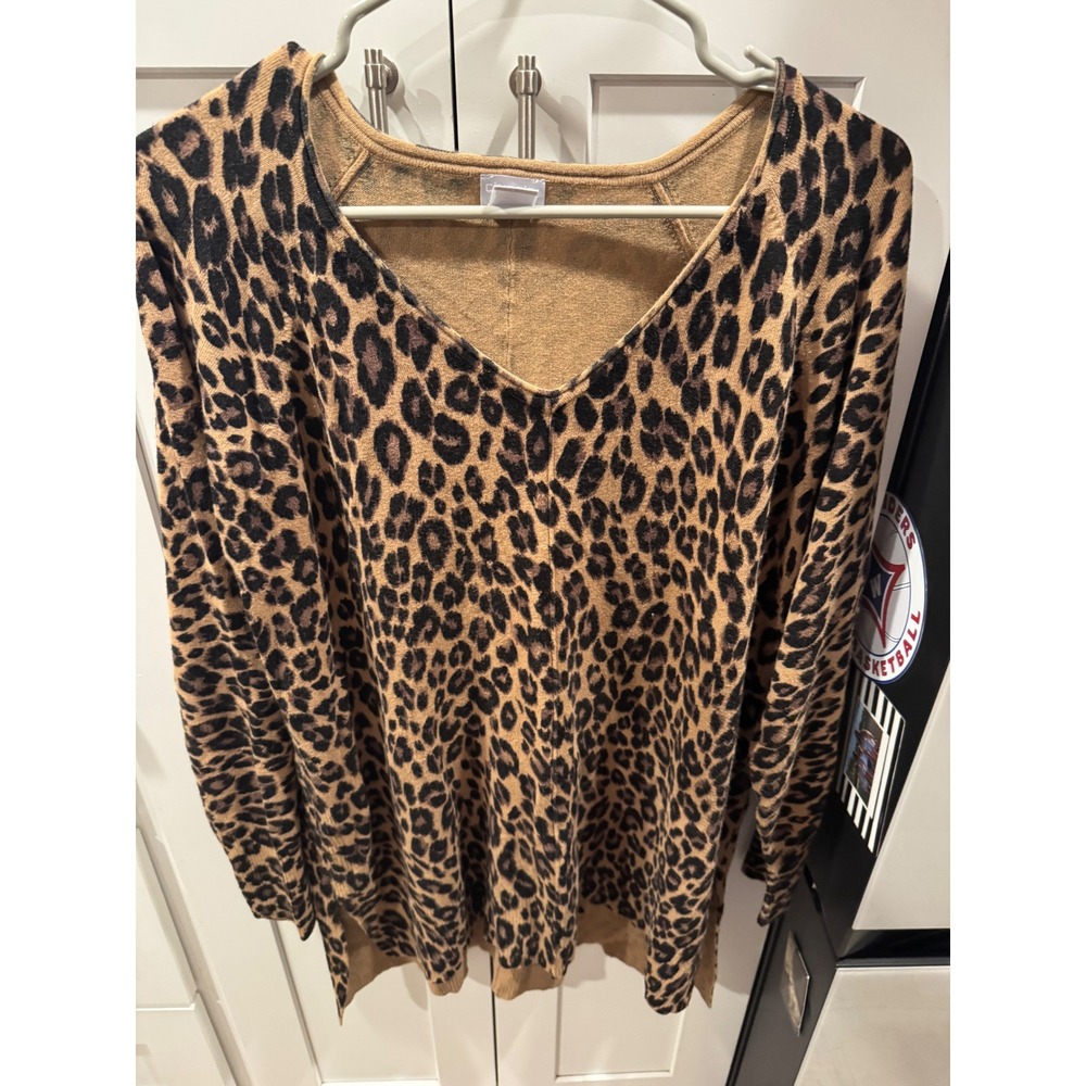 Chicos Zenergy Leopard Print Lounge Set 2 Piece V-Neck Sweater Joggers Brown L